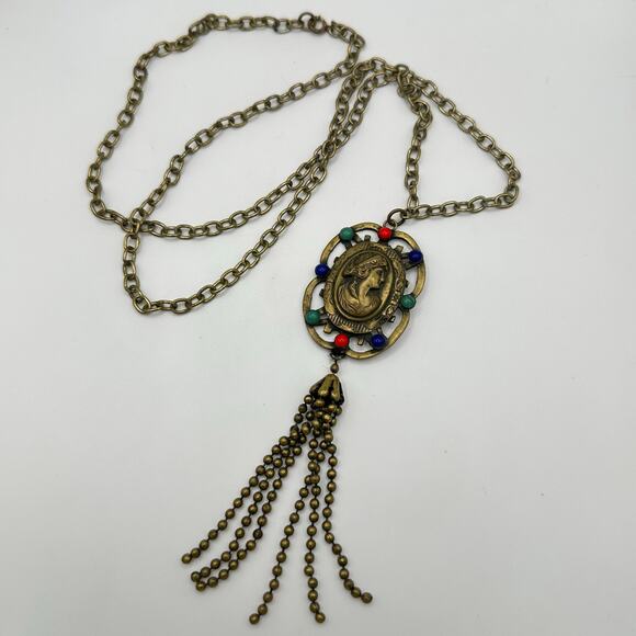 Antique Art Deco 1920s brass multicolor glass cameo tassel pendant necklace - Picture 2 of 10